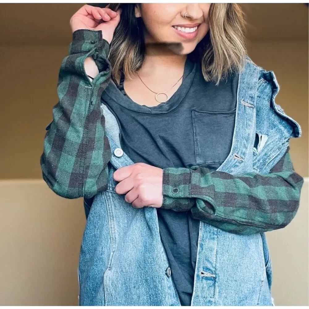 Bridge by Gly distressed S checked sleeve normcore jean jacket